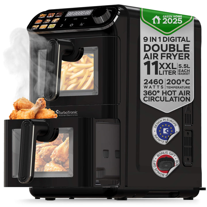 TurboTronic Heissluftfritteuse XXL – 11 L vertikale Doppelkammer Heissluftfritteuse 2 × 5,5 L DualZo