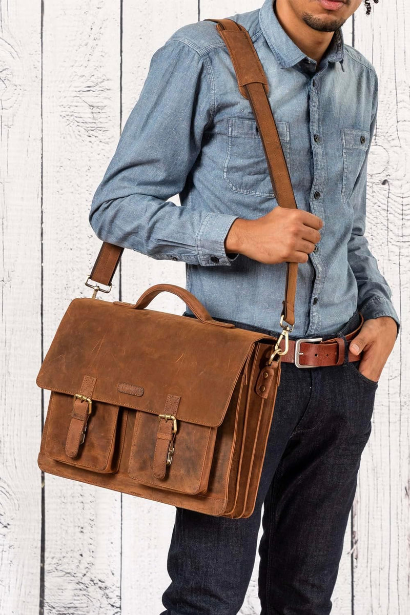 LEABAGS Leder Aktentasche Herren & Damen I Echtleder Laptoptasche bis 15 Zoll I Umhängetasche mit Sc