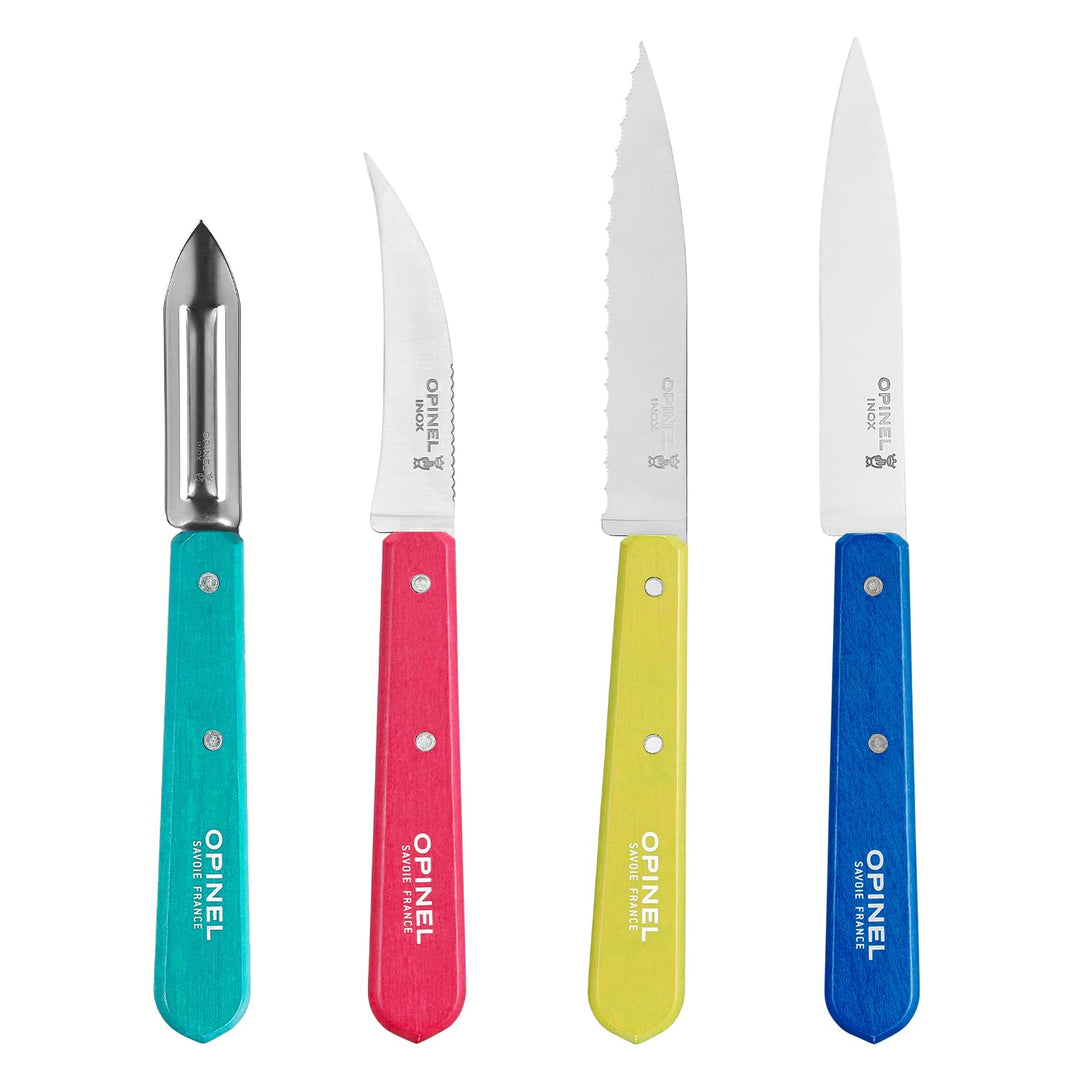 OPINEL Les Essentials Kleines Küchenmesser-Set, 4-teilig, Schälmesser, Wellenschäler, Gemüsemesser,