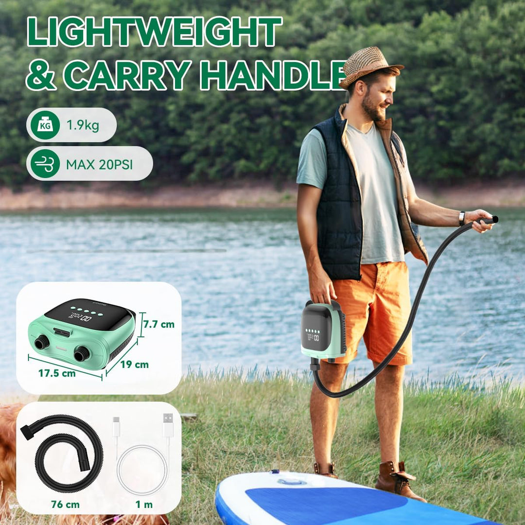 SUP Pumpe Elektrisch mit Akku, 20 PSI Hochdruck Luftpumpe, Wiederaufladbar, Auto-Off, 2-Stufen Infla