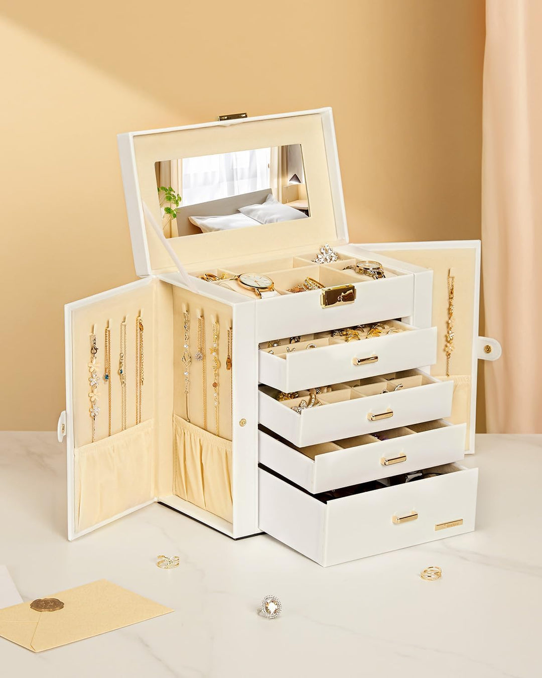 Seelux Schmuckkoffer Schmuckkasten mit fünf Fächern und Seitenklappen Weiss + Gold, Weiss + Gold