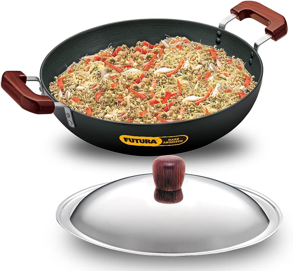 Futura Hard eloxiert deep-fry Pan (Kadhai) mit Stahl Deckel und flacher Boden 7.5L, 7.5L