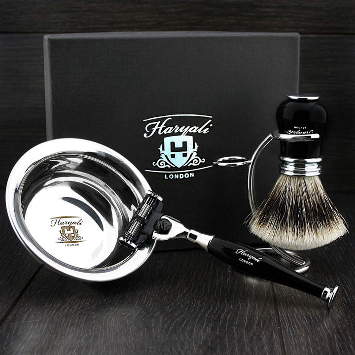 Haryali London Black Luxury Herren Rasierset 3 Edge Rasiermesser, Rasierpinsel, Rasierständer und Ra