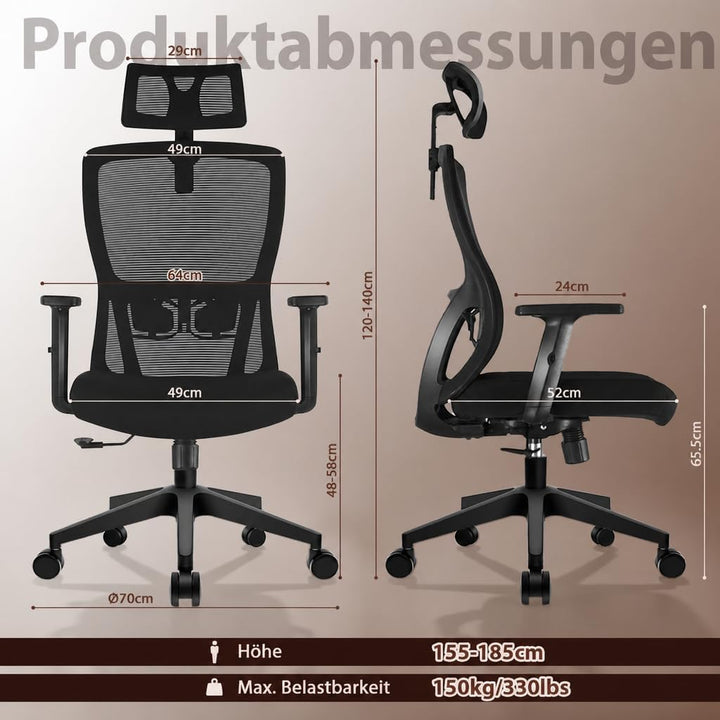 Ergonomischer Bürostuhl, Schreibtischstuhl mit Kopf-Lendenstütze | Höhenverstellbar,Verstellbare Arm