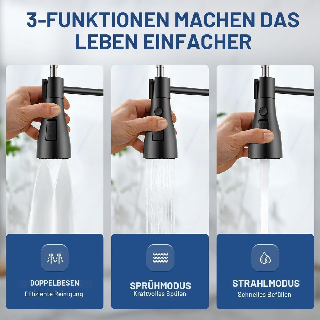 APPASO Wasserhahn Wandmontage (15cm Lochabstand) | Schwarz Matt armatur küche 3 Strahlarten &amp; 360° d