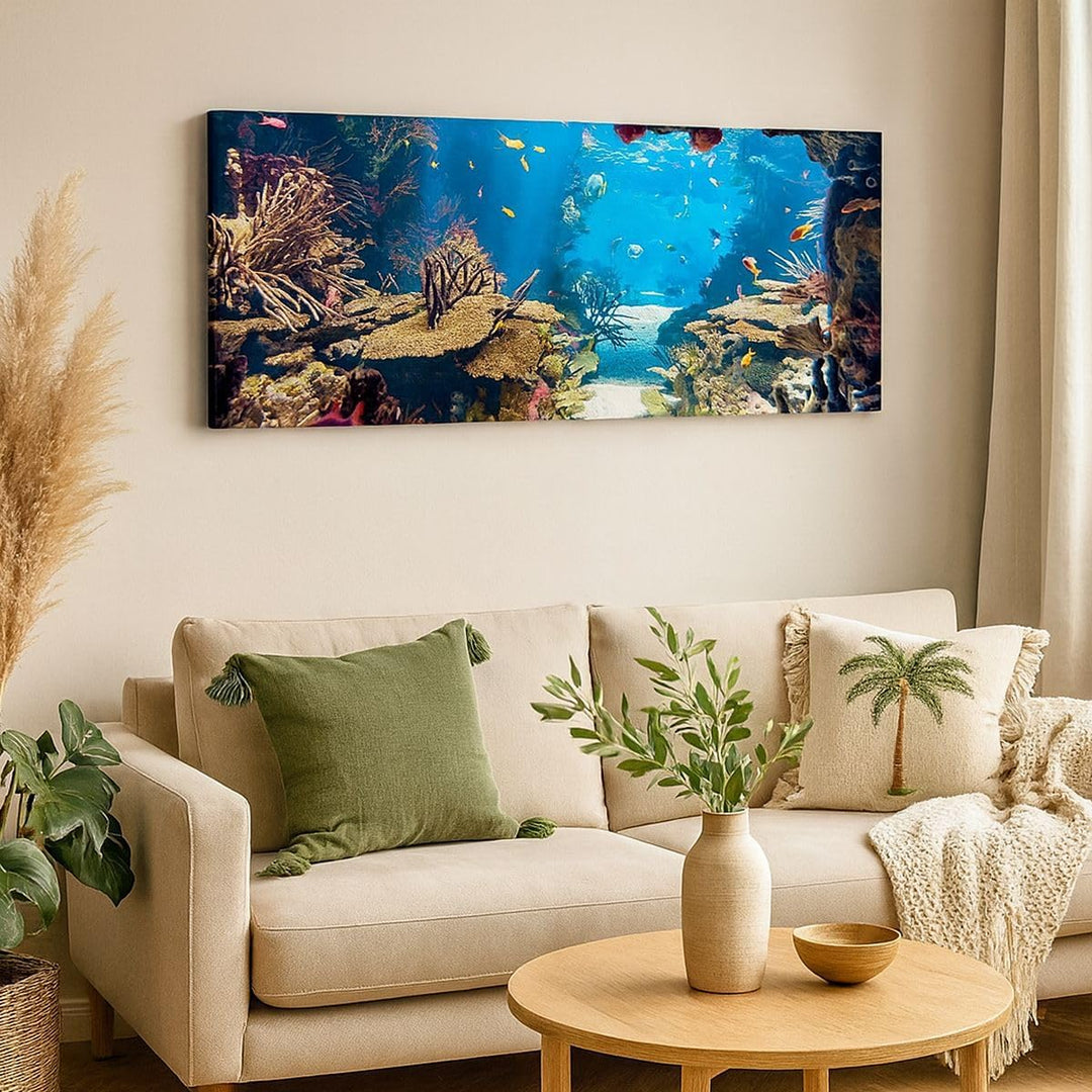 Wandbilder Dekoration Wohnzimmer Ozean Riff Fische Koralle Panorama Bilder auf Leinwand 120x50cm Lei