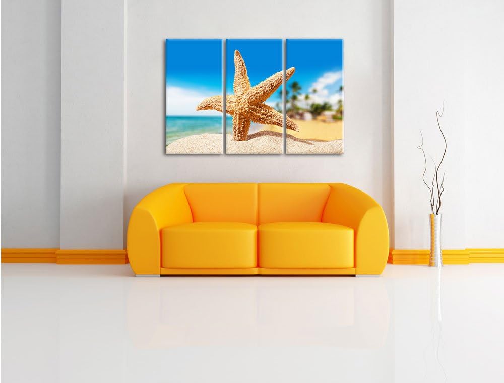 Pixxprint Seestern Palm Beach als Leinwandbild/Grösse: 3 Teilig (120x80) / Wandbild/Kunstdruck/ferti
