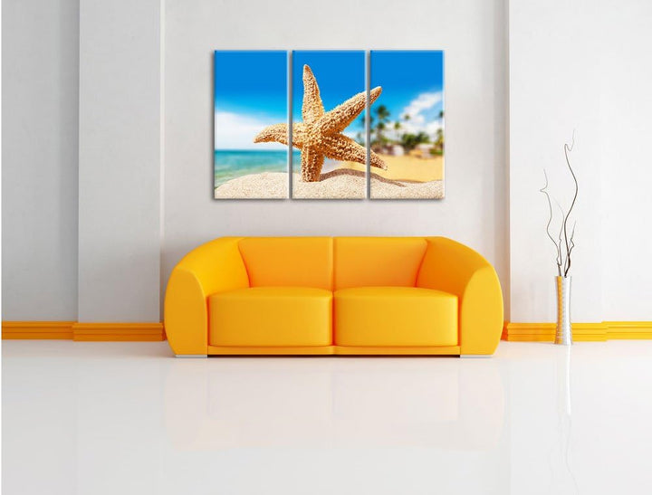 Pixxprint Seestern Palm Beach als Leinwandbild/Grösse: 3 Teilig (120x80) / Wandbild/Kunstdruck/ferti