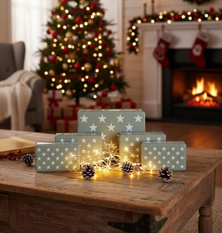 Brandsseller 5er Set Keksdose rechteckig Weihnachtsdose Plätzchendose Gebäckdose Metall Sterne 5er S
