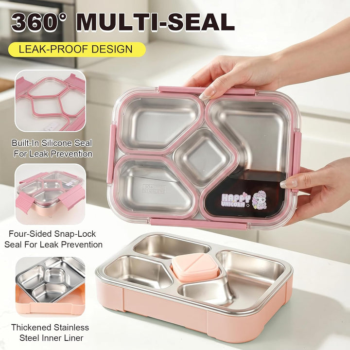 Edelstahl Brotdose Kinder,1020ml Metall Bento Lunchbox mit 4 Fächern Auslaufsichere Brotbox Kinderga