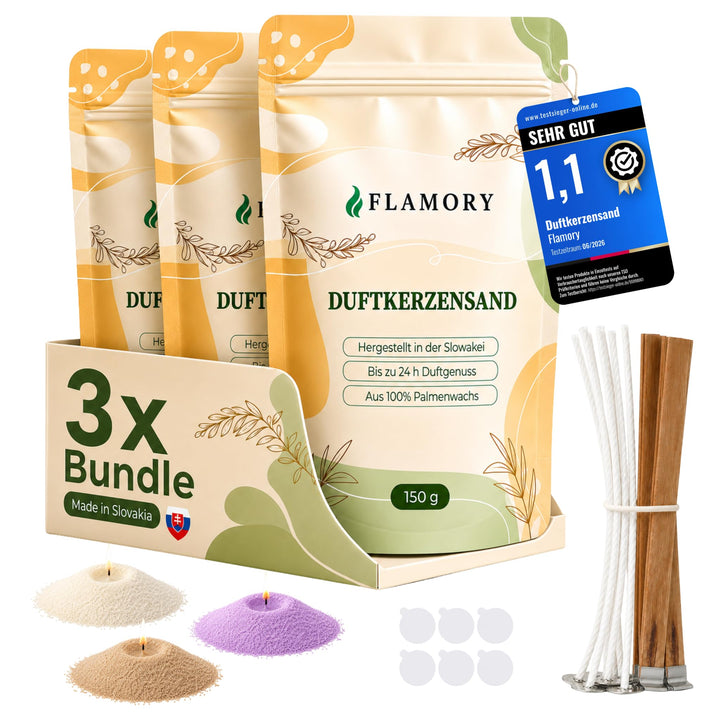 Duftkerzensand Set – mit Duft &amp; Dochten (9 Stk.) – ohne Paraffin – aus Pflanzenwachs – einfache Anwe