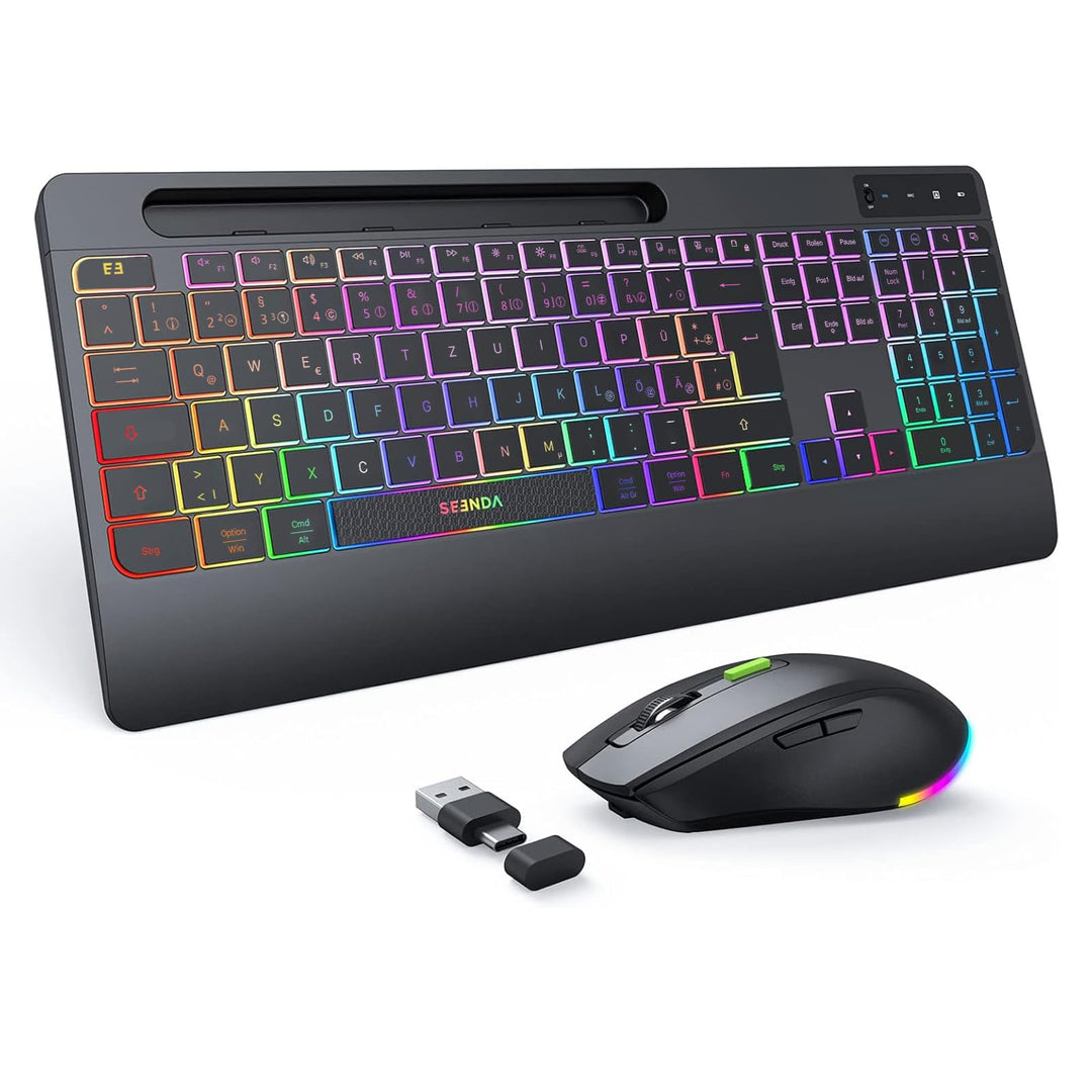seenda JPX006 Tastatur Maus Set kabellos beleuchtet, wiederaufladbare USB &amp; Typ C Funktastatur mit M