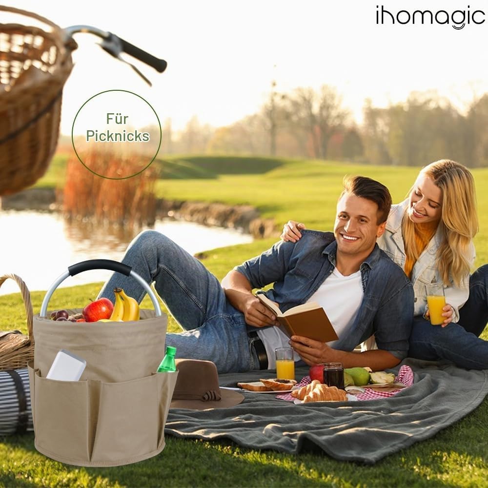 IHOMAGIC Freistehend Werkzeugkorb, Faltbare Aufbewahrungsbox, Gartenwerkzeuge Tasche, 1 Hauptfach mi