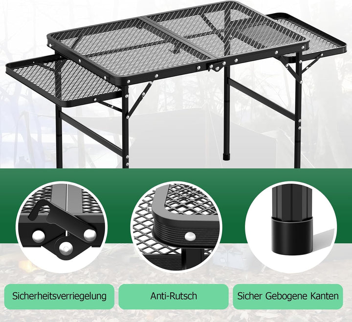 Grilltisch Klappbar 77cm Hoher, Grilltisch Outdoor Klappbar mit 2 Ausklappbare Seitenteile, Höhenver