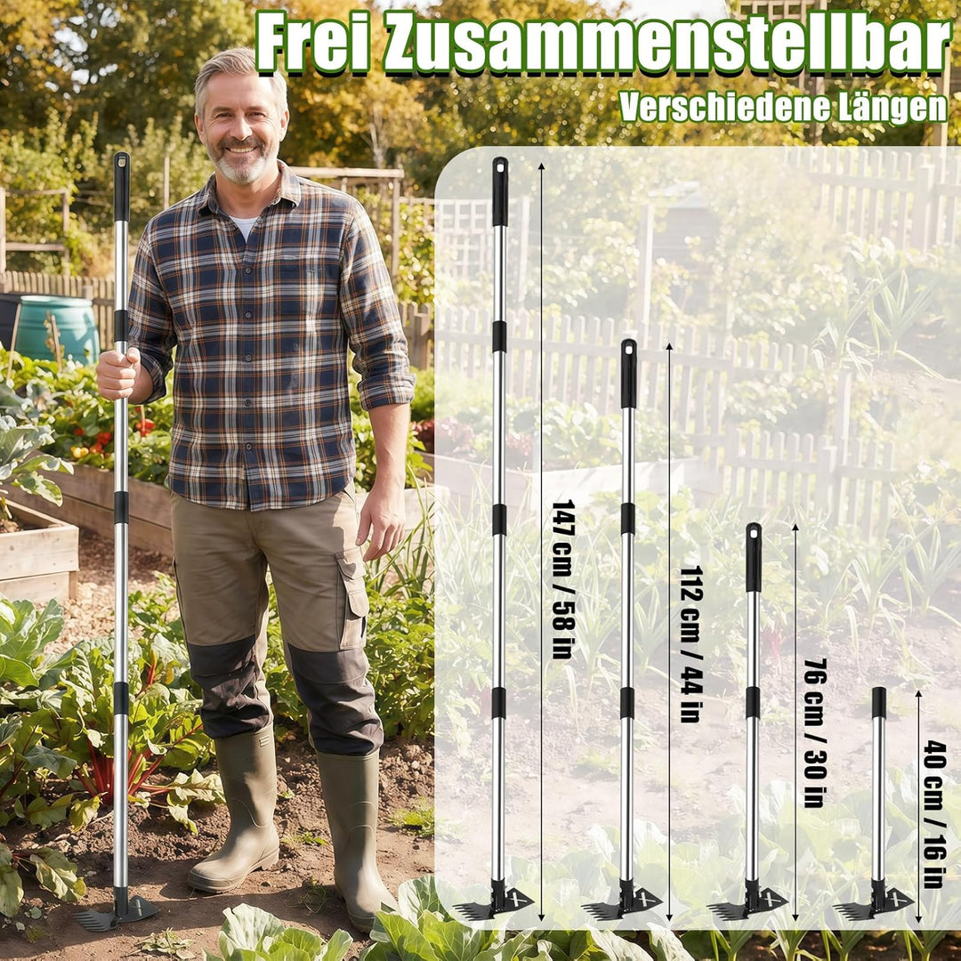 YL Unkrautstecher mit Länge Stiel 1.47 m, 2 in 1 Manuell Gartenhacke 6 Zinken & Flachhacke, Unkrautj