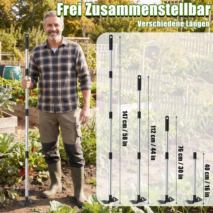 YL Unkrautstecher mit Länge Stiel 1.47 m, 2 in 1 Manuell Gartenhacke 6 Zinken & Flachhacke, Unkrautj