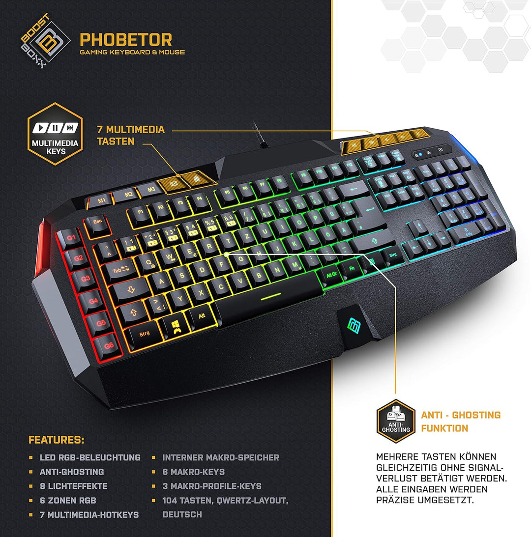BoostBoxx Phobetor - Gaming Tastatur & Maus Set mit RGB-Beleuchtung - QWERTZ-Tastatur mit programmie