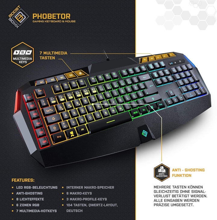 BoostBoxx Phobetor - Gaming Tastatur & Maus Set mit RGB-Beleuchtung - QWERTZ-Tastatur mit programmie