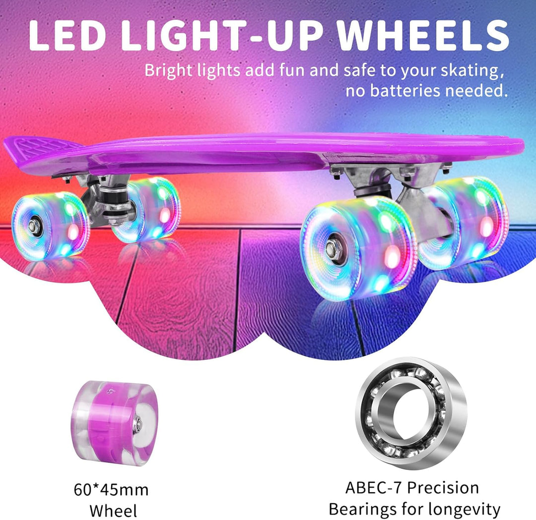 BELEEV Skateboard Komplette 22 Zoll Mini Cruiser Skateboard für Kinder Jugendliche Erwachsene, LED L
