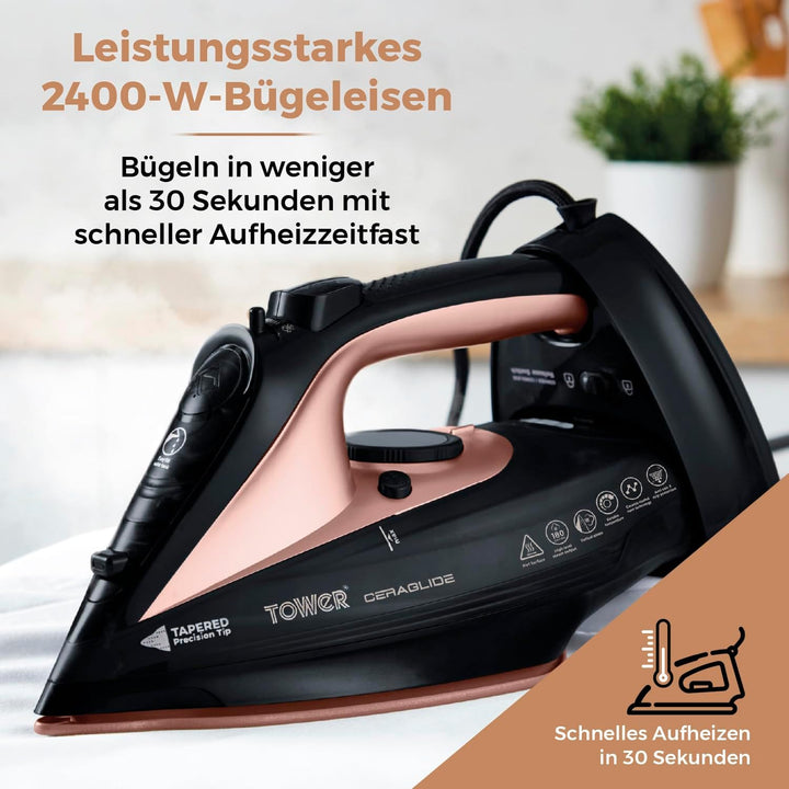 Tower T22008 CeraGlide Kabelloses Dampf Bügeleisen mit Keramiksohle - Dampfbügeleisen mit Variabler