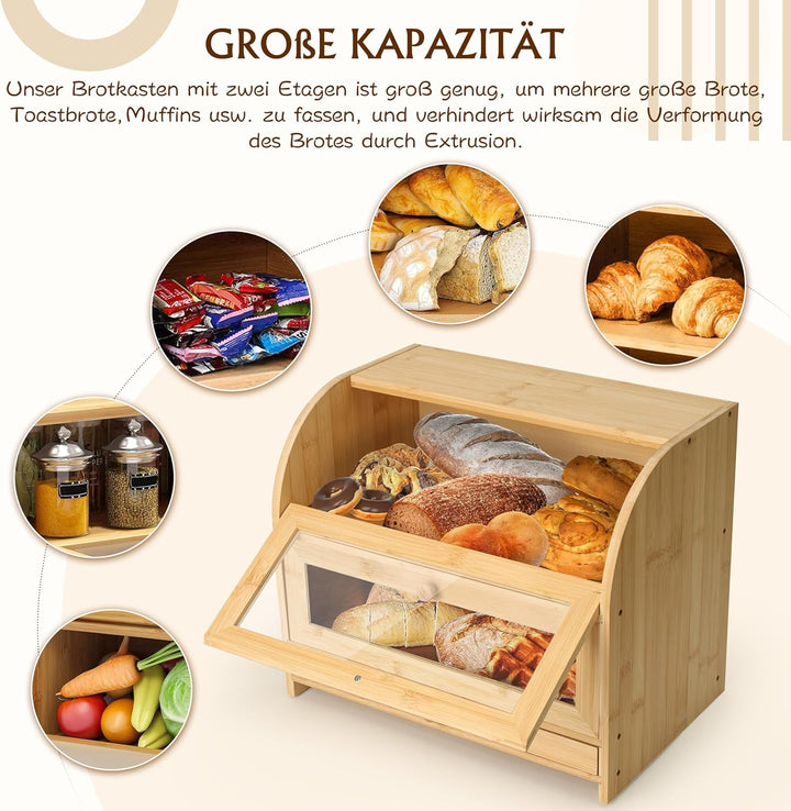 Ribelli Bambus Brotkasten mit 2 Etagen und Schublade, Grosser Brotbehälter mit Brotschneidebrett, Ho