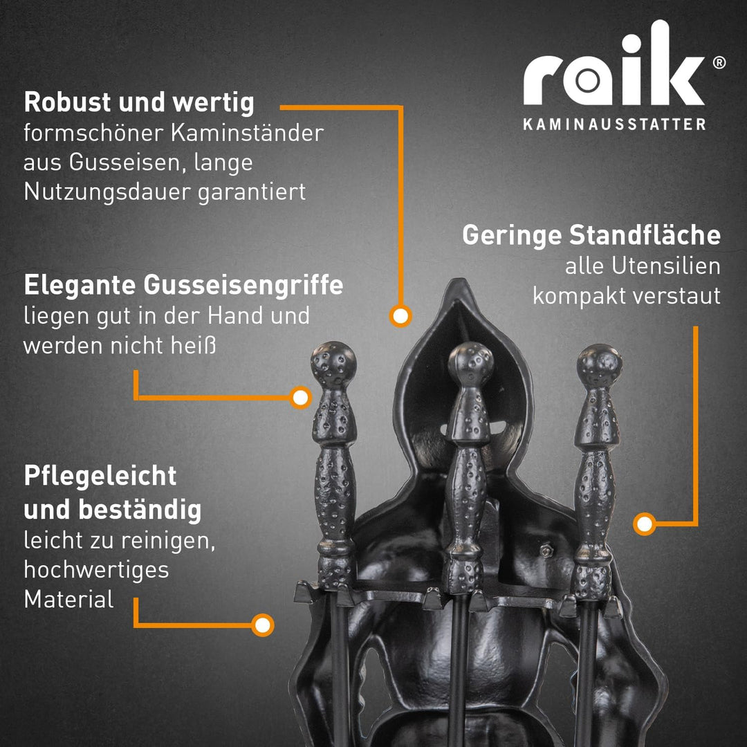 Raik Kaminbesteck Ritter Hubert Kamingarnitur aus Gusseisen schwarz Statuenform mit Kaminschaufel Ka