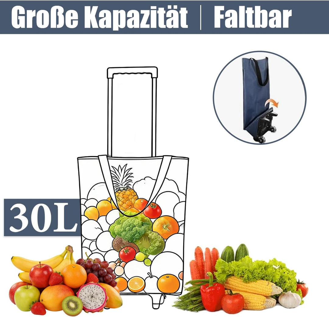 2-in-1 Einkaufstrolley Klappbar, 30L Faltbarer Einkaufstrolley, wasserdichte Einkaufstasche mit Roll