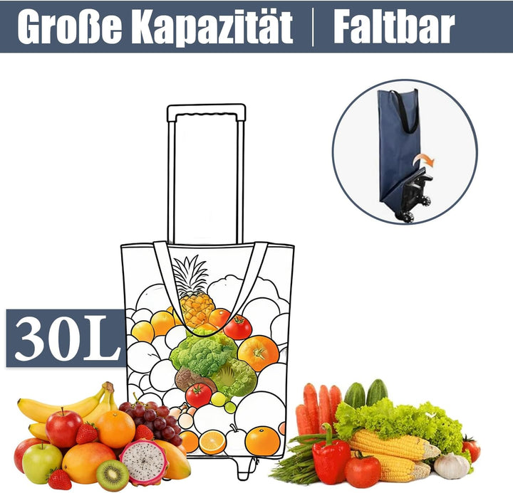 2-in-1 Einkaufstrolley Klappbar, 30L Faltbarer Einkaufstrolley, wasserdichte Einkaufstasche mit Roll
