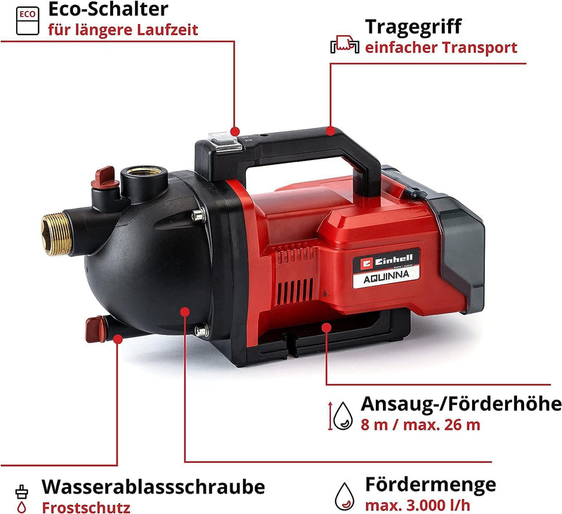 Einhell AQUINNA 36/30 Akku-Gartenpumpe Power X-Change (2 x 18V, 2-Stufen ECO-Schalter, Wassereinfüll