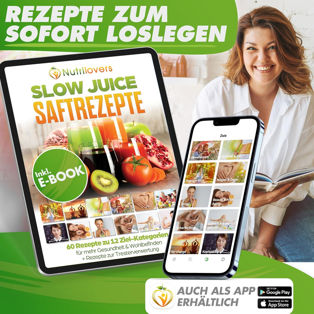 Nutrilovers Slow Juicer MINI-PRESS kompakt für Singles & Kleine Küchen DEUTSCHE MARKE Inkl. Rezeptbu