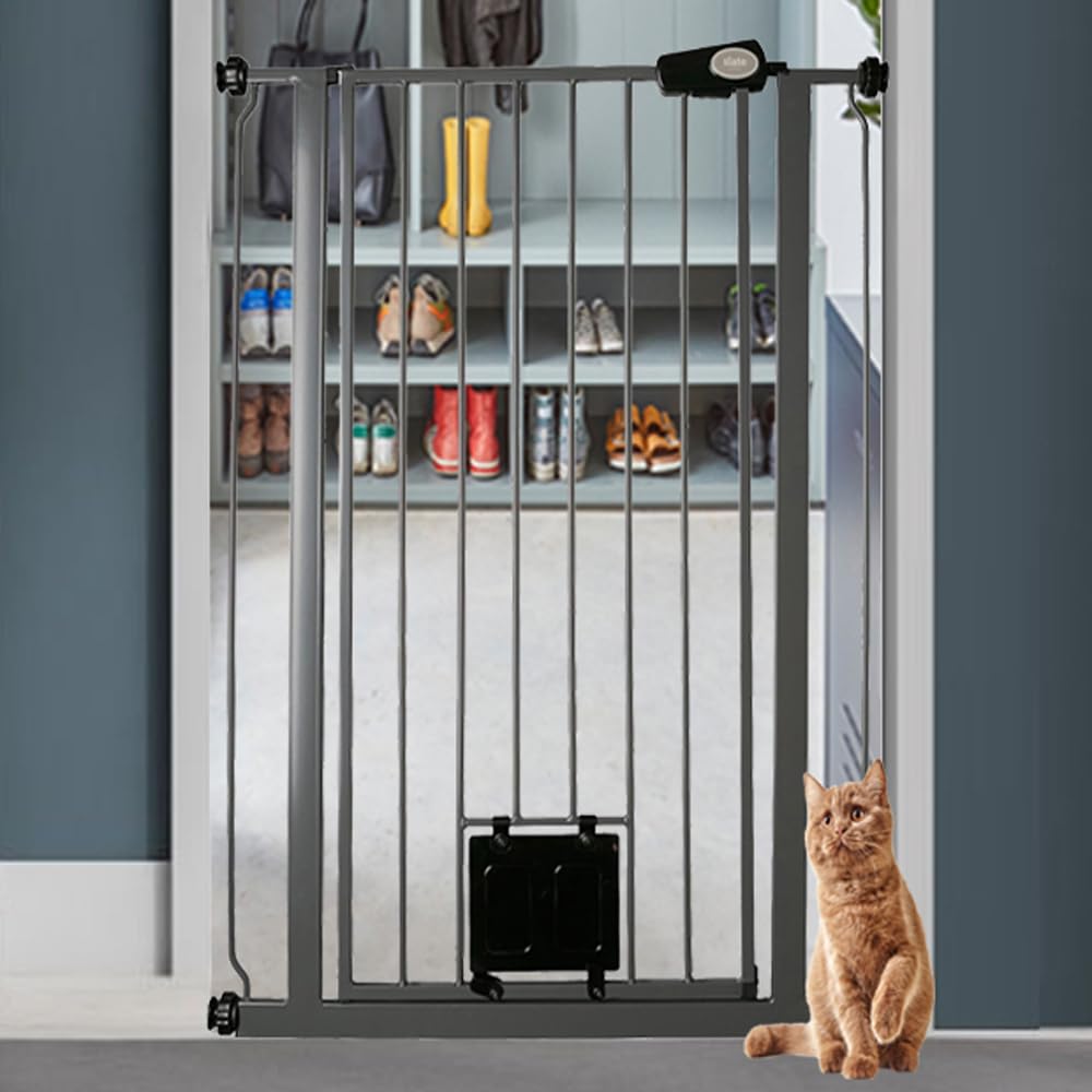 Bettacare Haustiergitter mit verriegelbarer Katzenklappe, 68.5cm - 75cm, Schiefergrau, 104cm in der