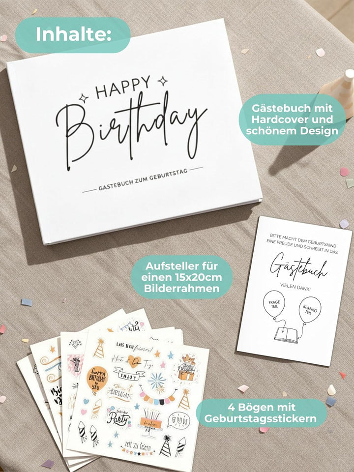 Gästebuch Geburtstag mit Fragen &amp; Blankoseiten zum Ausfüllen, Sticker, Weiss | für 18 30 40 50 60 70