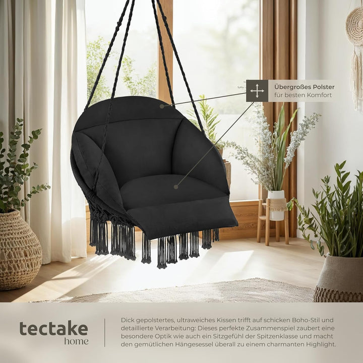 tectake® Hängesessel, Hängeschaukel mit dicken Kissen & Quasten, Boho Hängekorb Ø 80 cm, Hängesessel