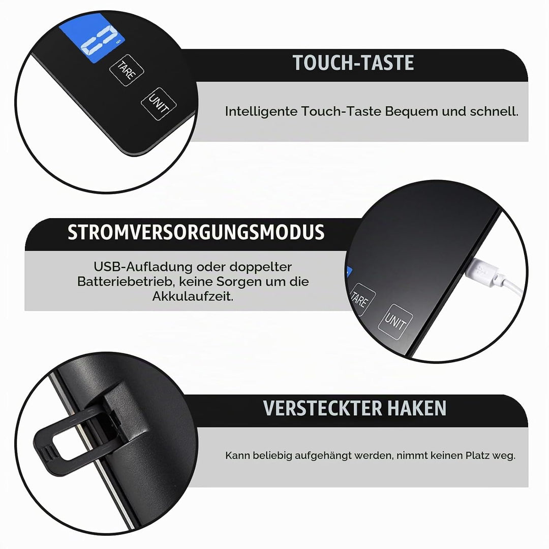 Küchenwaage Digital, 15kg/1g Waage Küchenwaage, USB Wiederaufladbare Digital Küchenwage mit Led Disp
