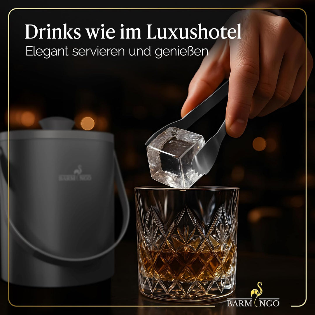 BARMINGO Edelstahl Eiswürfelbehälter mit Deckel - 2l Eisbehälter mit Sieb, Eiswürfelform, Zange | Ei