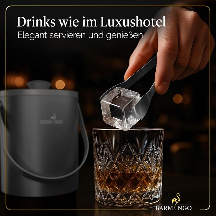 BARMINGO Edelstahl Eiswürfelbehälter mit Deckel - 2l Eisbehälter mit Sieb, Eiswürfelform, Zange | Ei