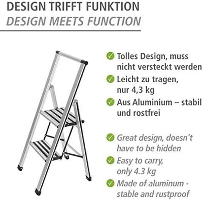 WENKO Leichte Aluminium Trittleiter mit 2 Stufen für 50 cm höheren Stand, rutschsichere XXL-Stufen,