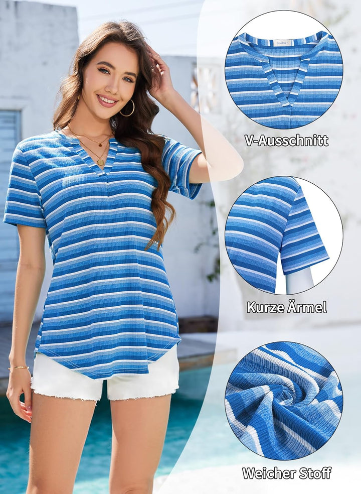 Siddhe Damen Bluse Kurzarm T-Shirts V-Ausschnitt Elegant Lässig Tunika Oberteil Locker Longshirt, M