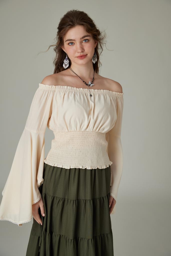 SCARLET DARKNESS Damen Renaissance Trachtenbluse Schulterfrei Gesmokte Mittelalter Shirt L Aprikose,