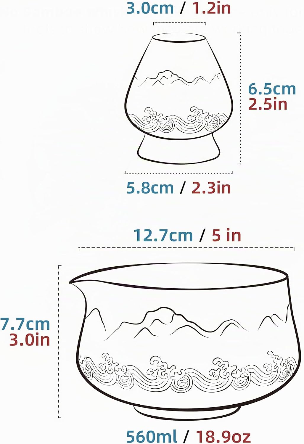 TEANAGOO Matcha Schale mit Ausgiesser,2-Pcs Fuji Design Keramik Schale und Schneebesen Halter(chawan