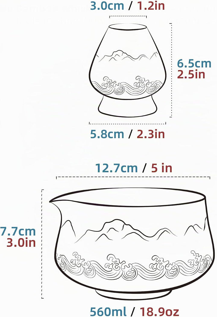 TEANAGOO Matcha Schale mit Ausgiesser,2-Pcs Fuji Design Keramik Schale und Schneebesen Halter(chawan