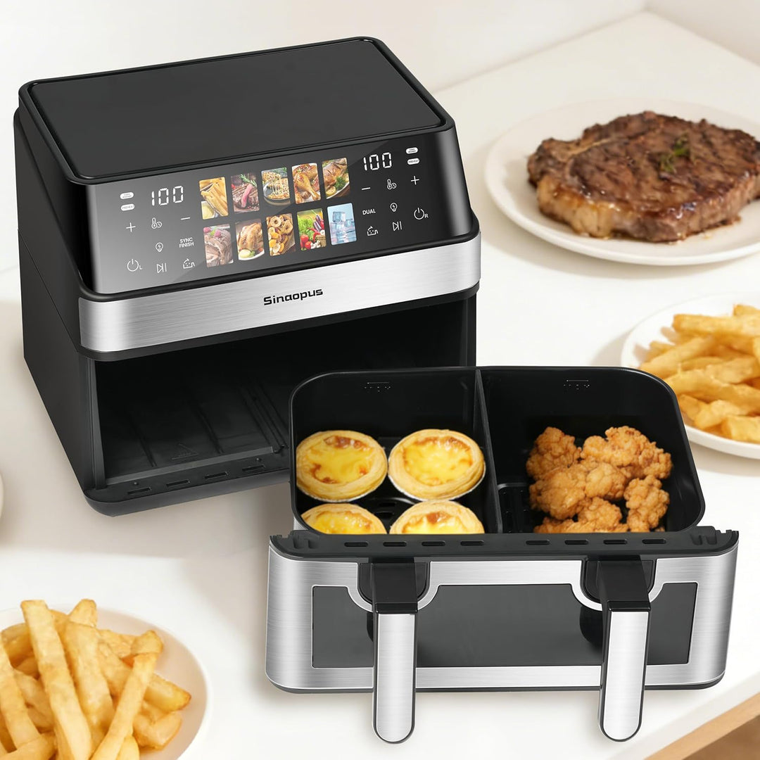 Heissluftfritteuse 2000W Doppel Fritteuse mit 2 Kammern und 8.5 Liter Volumen, 10 Programme, Touch-B