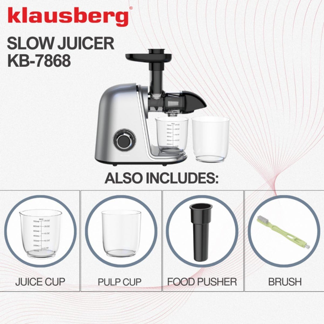Klausberg KB-7868 Langsamer Entsafter Grau Cold Press mit 7-Stufen-Presssystem, BPA-freiem Kunststof