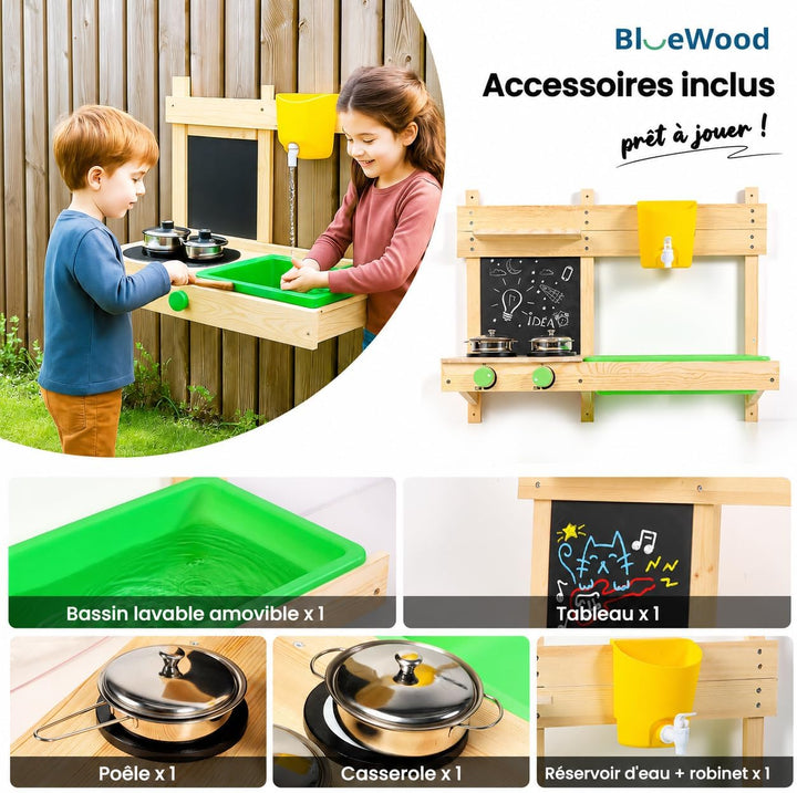 BlueWood Matschküche Kinder Outdoor, Holzspielzeug, Kinderküchen-Spielset mit, Spielfutter, Küchenzu