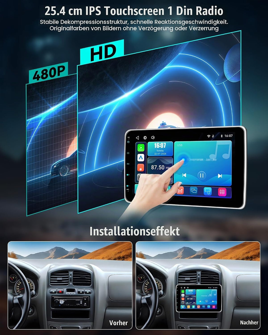 CAMECHO Autoradio mit IPS Bildschirm,10 Zoll 1 Din Apple CarPlay Android Auto Touch Screen Display,