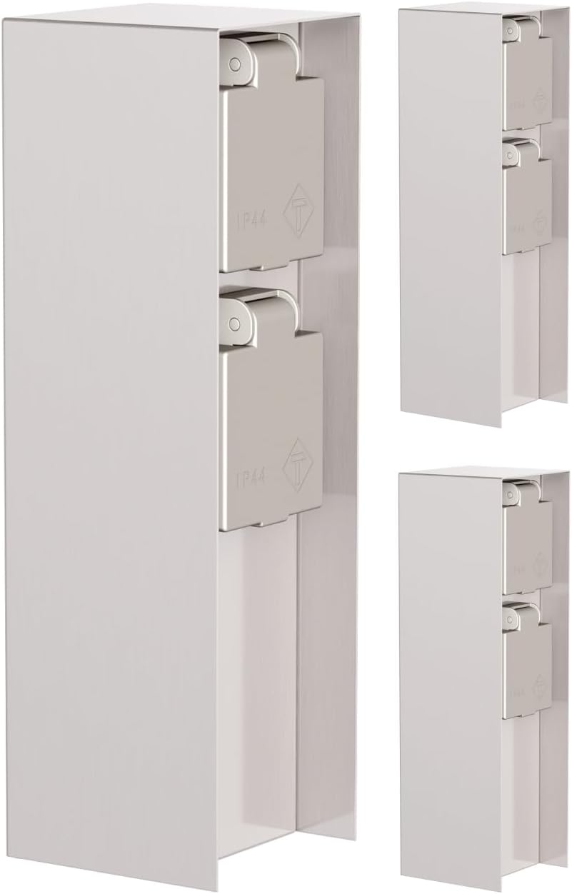 ledscom.de Garten Steckdosensäule POMI, Outdoor, IP44, 2-Fach, Edelstahl, eckig, 23 cm, 3 STK. 3 Stü