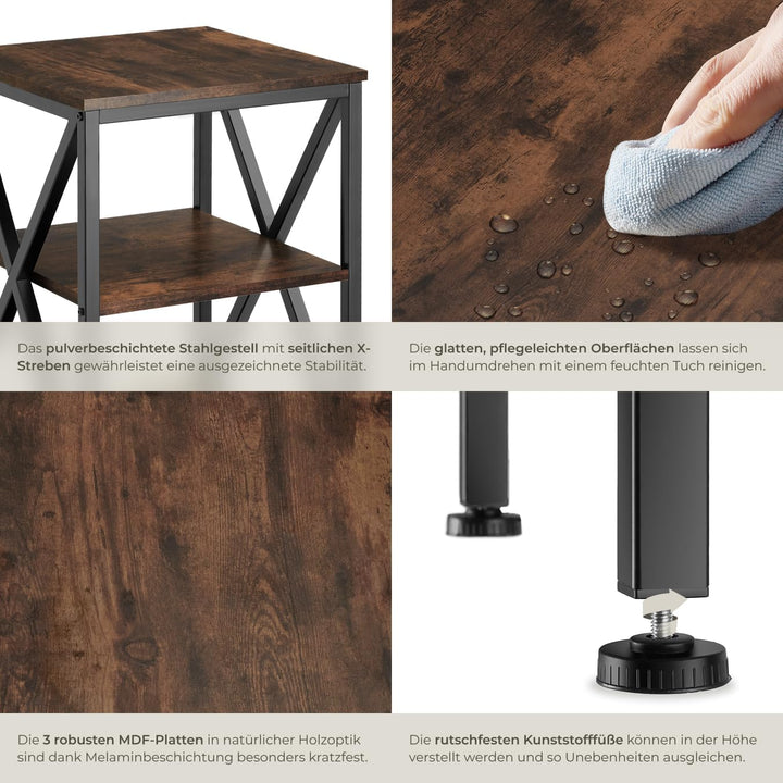 tectake® Beistelltisch aus Holz und Metall, Nachttisch mit 3 Ebenen, X-förmige Streben, Industrie-De