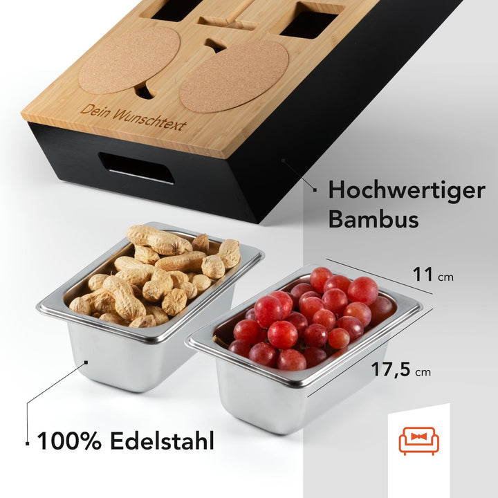 Couchbar Snackbox aus Bambus Personalisierbar inkl. Geschenkbox | Sofa Tablett mit 2 Snackschalen, 2