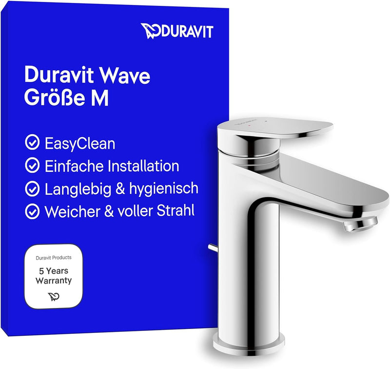 Duravit Wave Waschtischarmatur, Grösse M (Auslauf Höhe 111 mm), Wasserhahn Bad mit Zugstangen-Ablauf