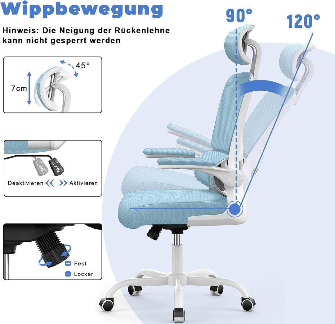 naspaluro Ergonomischer Bürostuhl: Schreibtischstuhl mit C-förmiger Lordosenstütze,Verstellbarer Kop